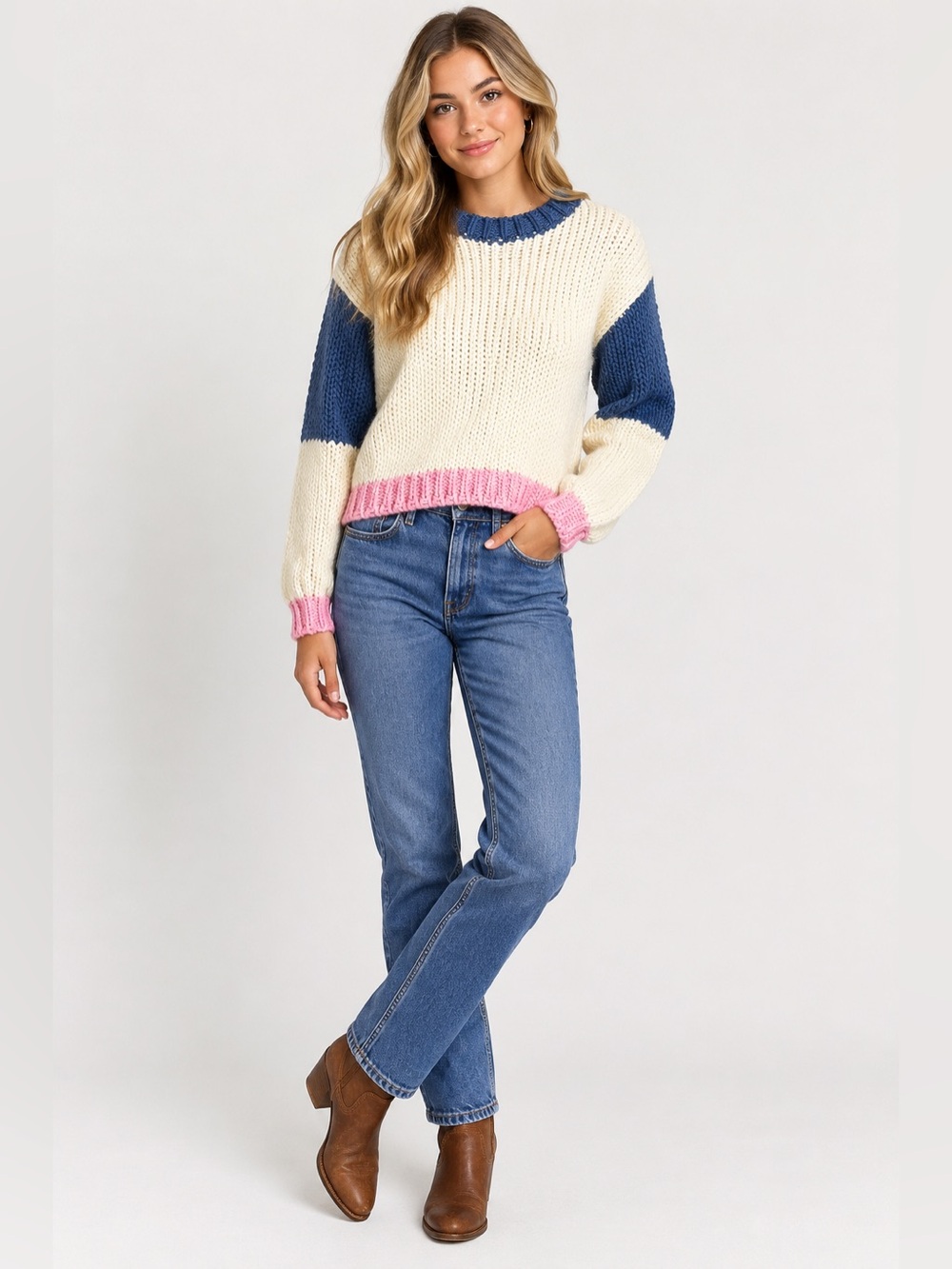 Altar’d State Color Block Chunky Knit Sweater Cream Navy Pink XS - Picture 7 of 7